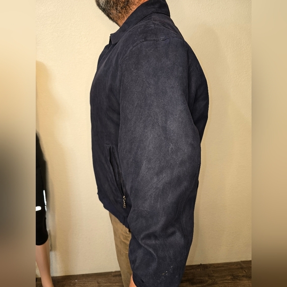 Jos A Bank Soft Sueded Bomber Jacket Sz L Navy Blue Zip Out Lining 5 pockets - Picture 7 of 8